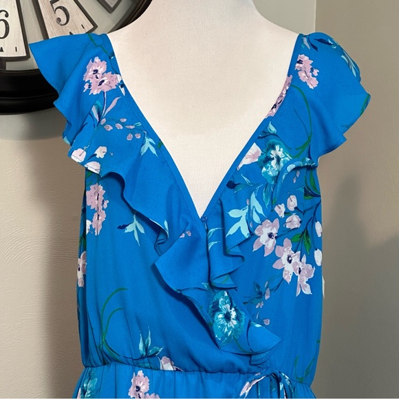 Socialite Women’s Ruffled Faux Wrap High/Low Midi Dress Royal Blue Floral Size L - Picture 9 of 12